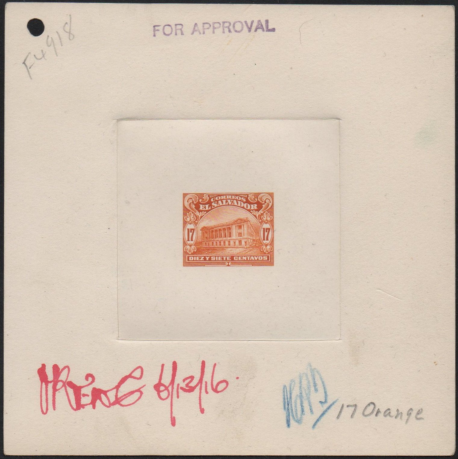 ABN Co. stamp archive working die proof of 17c - front - timbres-poste Briefmarken stamps El Salvador Tram Trolley Tranvia National Theatre teatro nacional 
